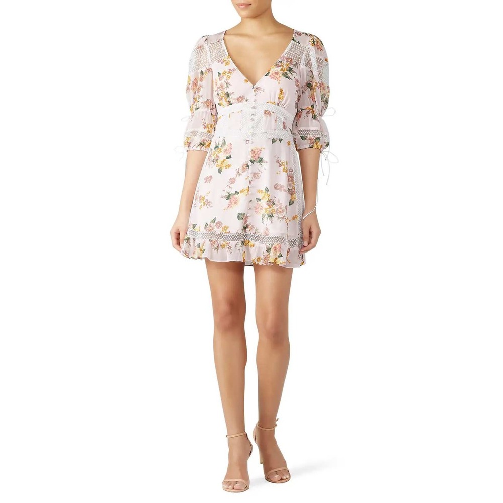 For Love & Lemons Romantic Cottagecore Mini Dress Lace Trim Pink Silk‎ Small